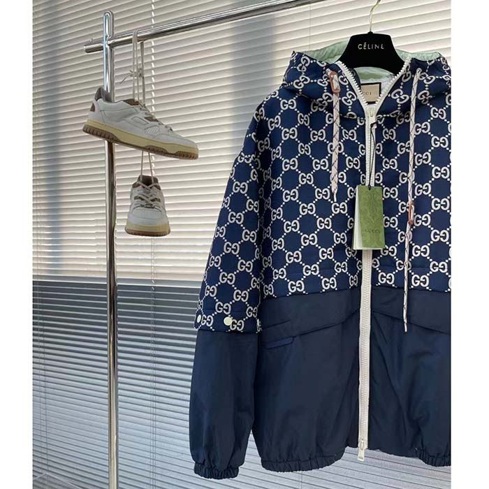 G*u*i women gg ripstop fabric zip jacket blue ivory gg padded detachable sleeves
