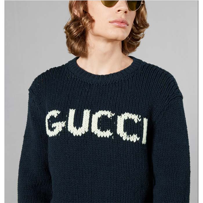 G*u*i men gg wool top G*u*i intarsia black ivory wool crewneck dropped shoulder long sleeves rib