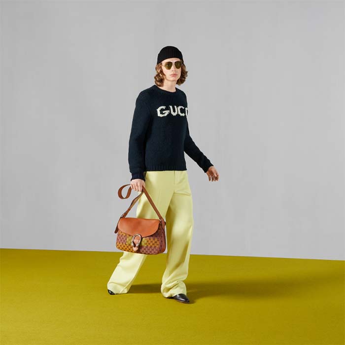 G*u*i men gg wool top G*u*i intarsia black ivory wool crewneck dropped shoulder long sleeves rib
