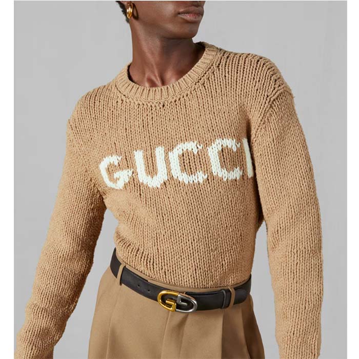 G*u*i men gg wool top G*u*i intarsia camel wool crewneck dropped shoulder long sleeves rib