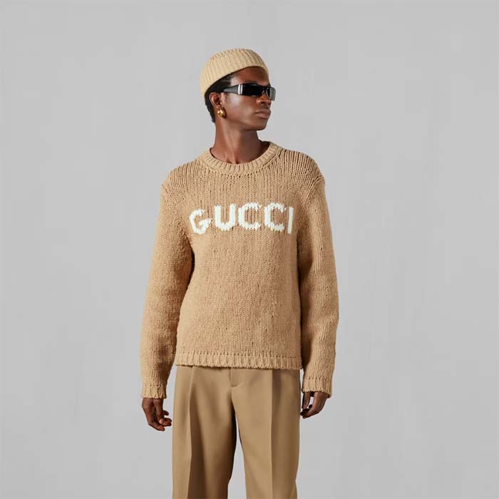 G*u*i men gg wool top G*u*i intarsia camel wool crewneck dropped shoulder long sleeves rib