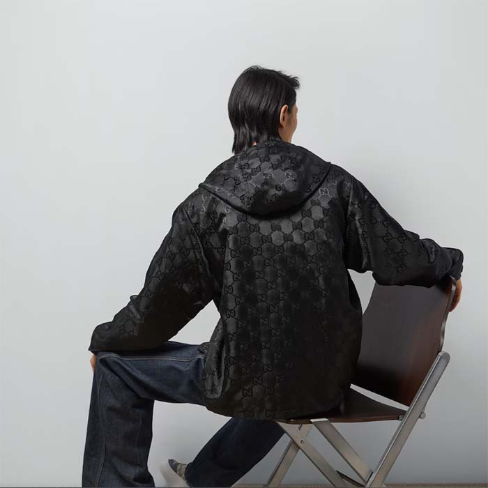 G*u*i men G*u*i off the grid hooded jacket black gg econyl regenerated nylon