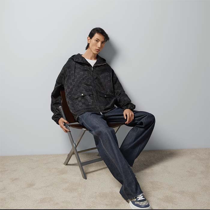G*u*i men G*u*i off the grid hooded jacket black gg econyl regenerated nylon