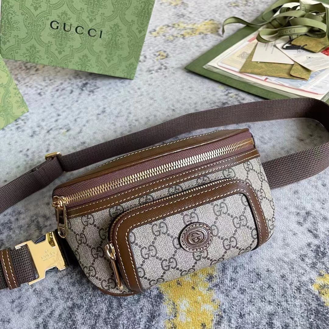 G*u*i unisex belt bag interlocking g beige ebony gg supreme canvas brown leather
