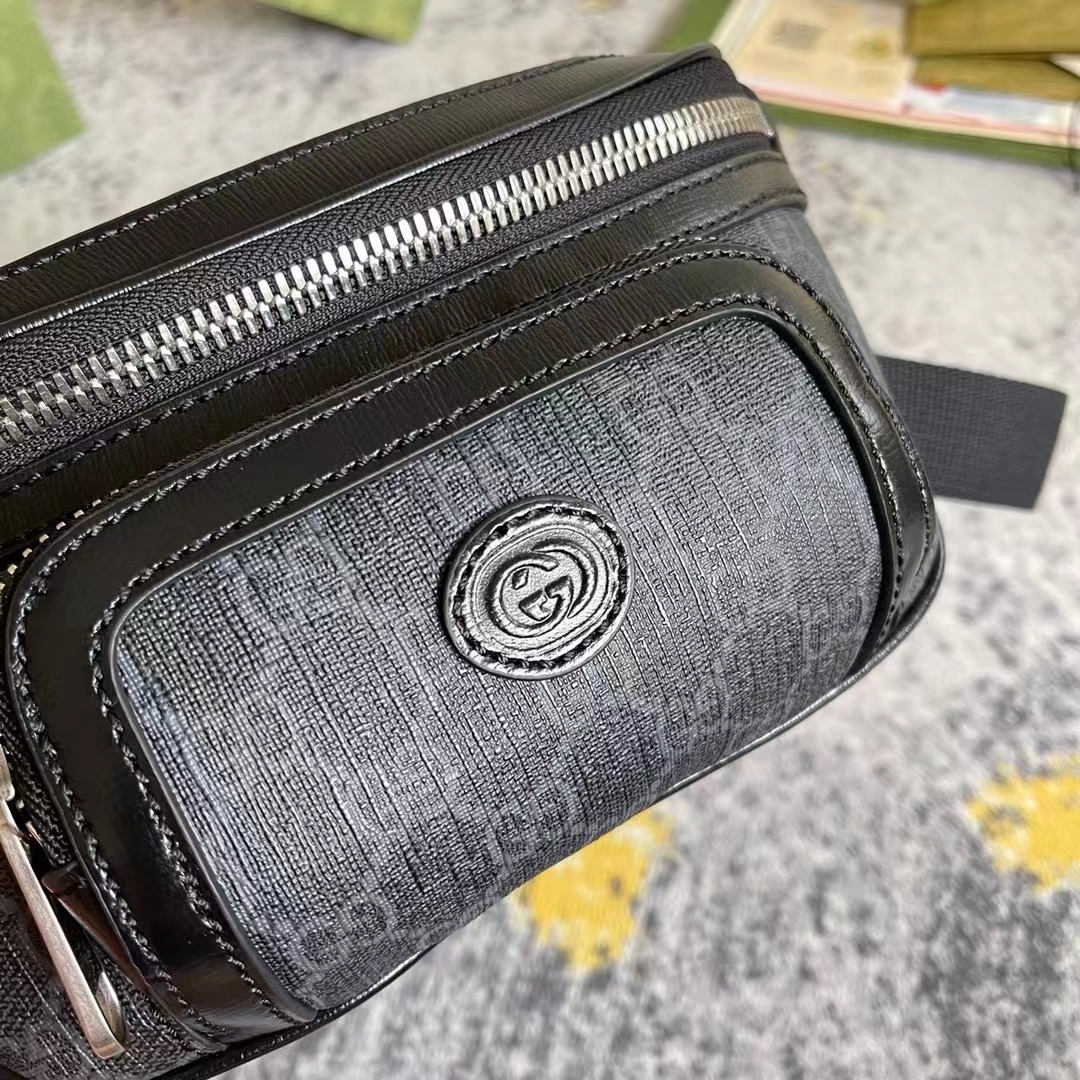 G*u*i unisex belt bag interlocking g black gg supreme canvas black leather