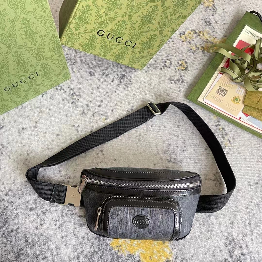 G*u*i unisex belt bag interlocking g black gg supreme canvas black leather