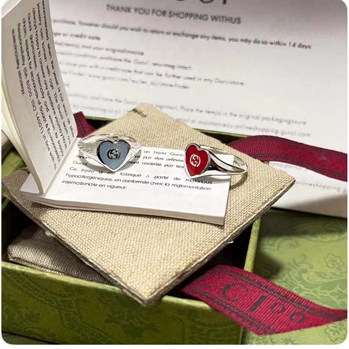 G*u*i unisex gg heart ring interlocking g 925 sterling silver red enamel