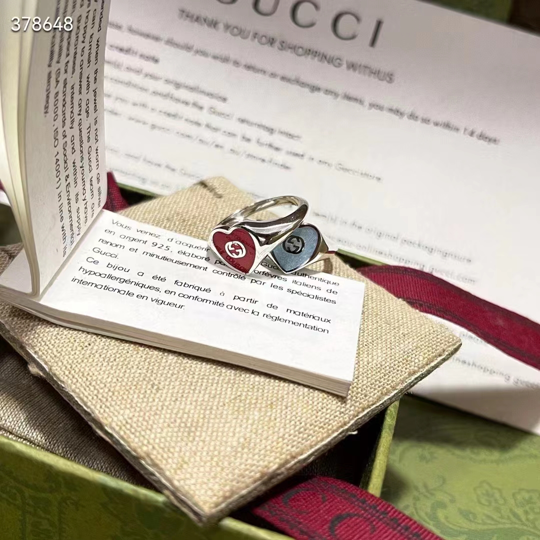 G*u*i unisex gg heart ring interlocking g 925 sterling silver red enamel