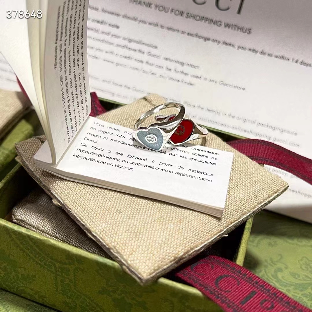 G*u*i unisex gg heart ring interlocking g 925 sterling silver red enamel