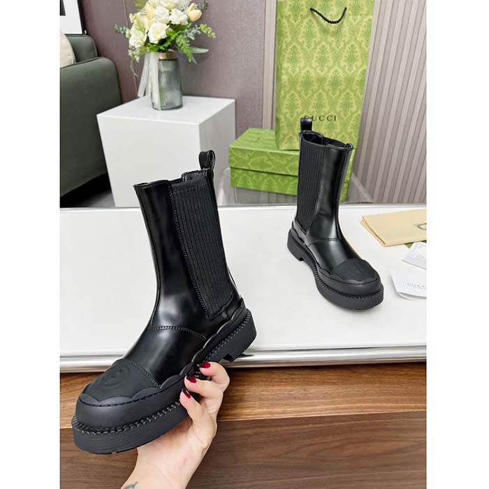 G*u*i unisex gg interlocking g boots black leather rubber sole flat 1.5 cm heel