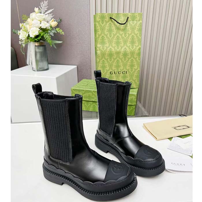 G*u*i unisex gg interlocking g boots black leather rubber sole flat 1.5 cm heel