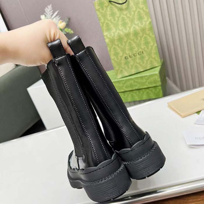 G*u*i unisex gg interlocking g boots black leather rubber sole flat 1.5 cm heel