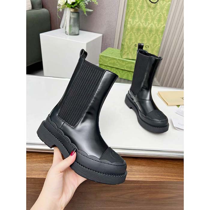 G*u*i unisex gg interlocking g boots black leather rubber sole flat 1.5 cm heel