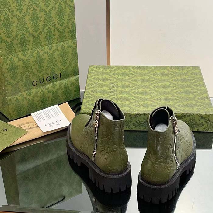 G*u*i unisex gg leather boot dark green rubber lug sole lace-up interlocking g low-heel