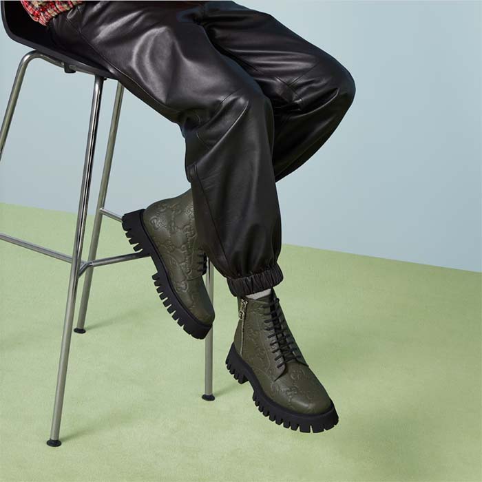 G*u*i unisex gg leather boot dark green rubber lug sole lace-up interlocking g low-heel