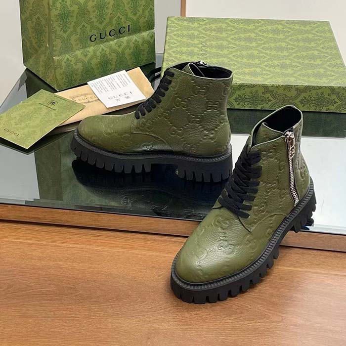 G*u*i unisex gg leather boot dark green rubber lug sole lace-up interlocking g low-heel