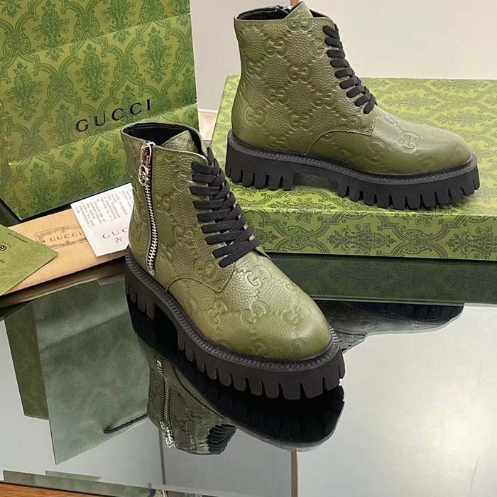 G*u*i unisex gg leather boot dark green rubber lug sole lace-up interlocking g low-heel