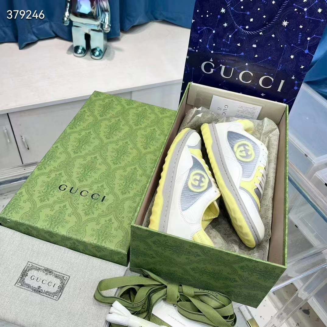 G*u*i unisex gg mac80 sneaker off white yellow leather grey fabric interlocking g round toe rubber flat