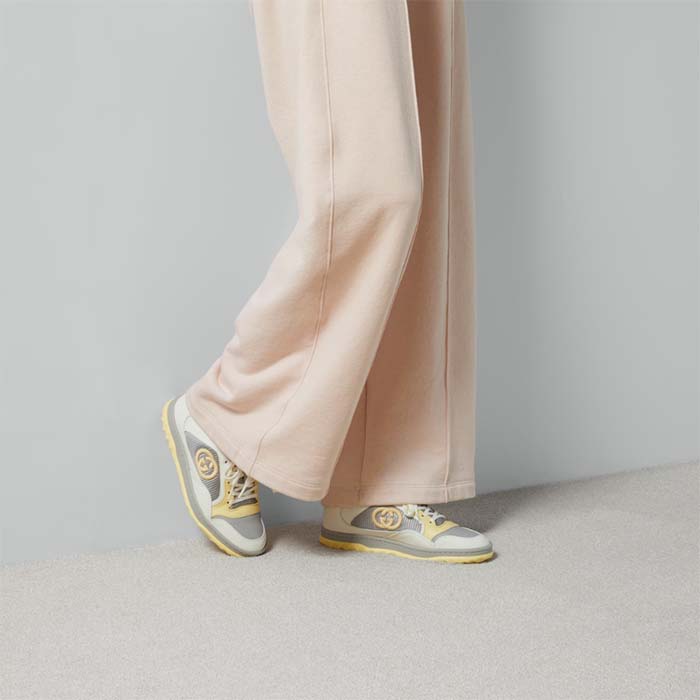 G*u*i unisex gg mac80 sneaker off white yellow leather grey fabric interlocking g round toe rubber flat