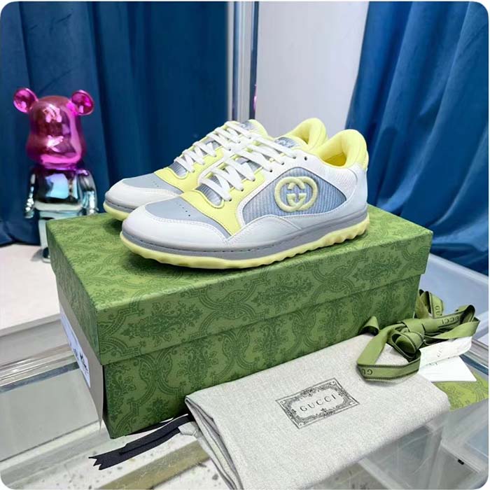 G*u*i unisex gg mac80 sneaker off white yellow leather grey fabric interlocking g round toe rubber flat