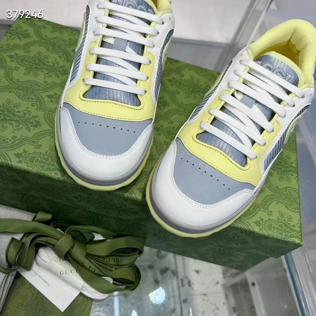 G*u*i unisex gg mac80 sneaker off white yellow leather grey fabric interlocking g round toe rubber flat