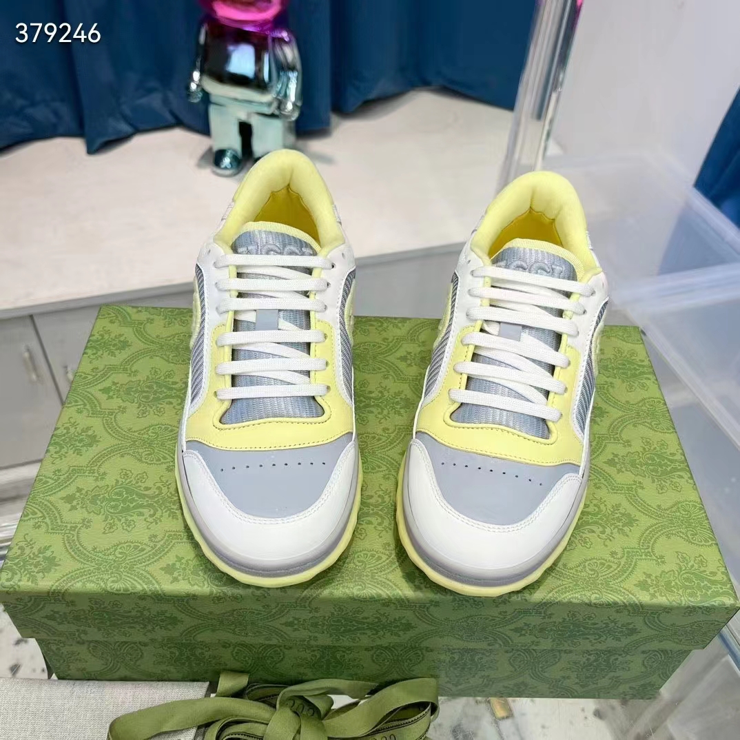 G*u*i unisex gg mac80 sneaker off white yellow leather grey fabric interlocking g round toe rubber flat