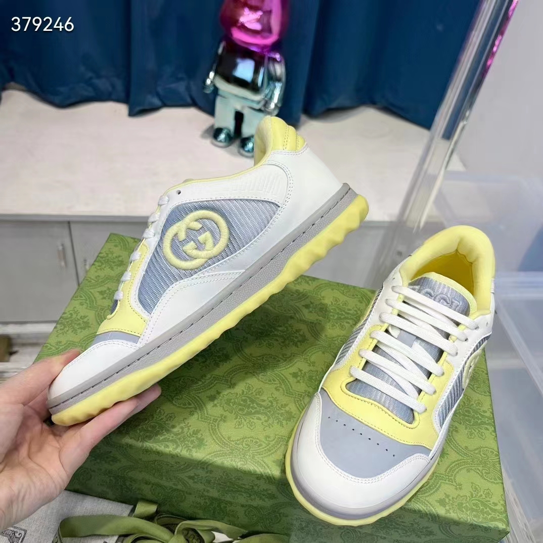G*u*i unisex gg mac80 sneaker off white yellow leather grey fabric interlocking g round toe rubber flat