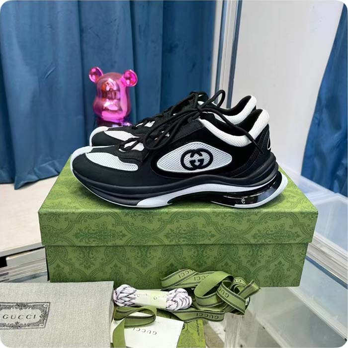 G*u*i unisex gg run sneaker black suede interlocking g bi-color rubber lace-up low-heel