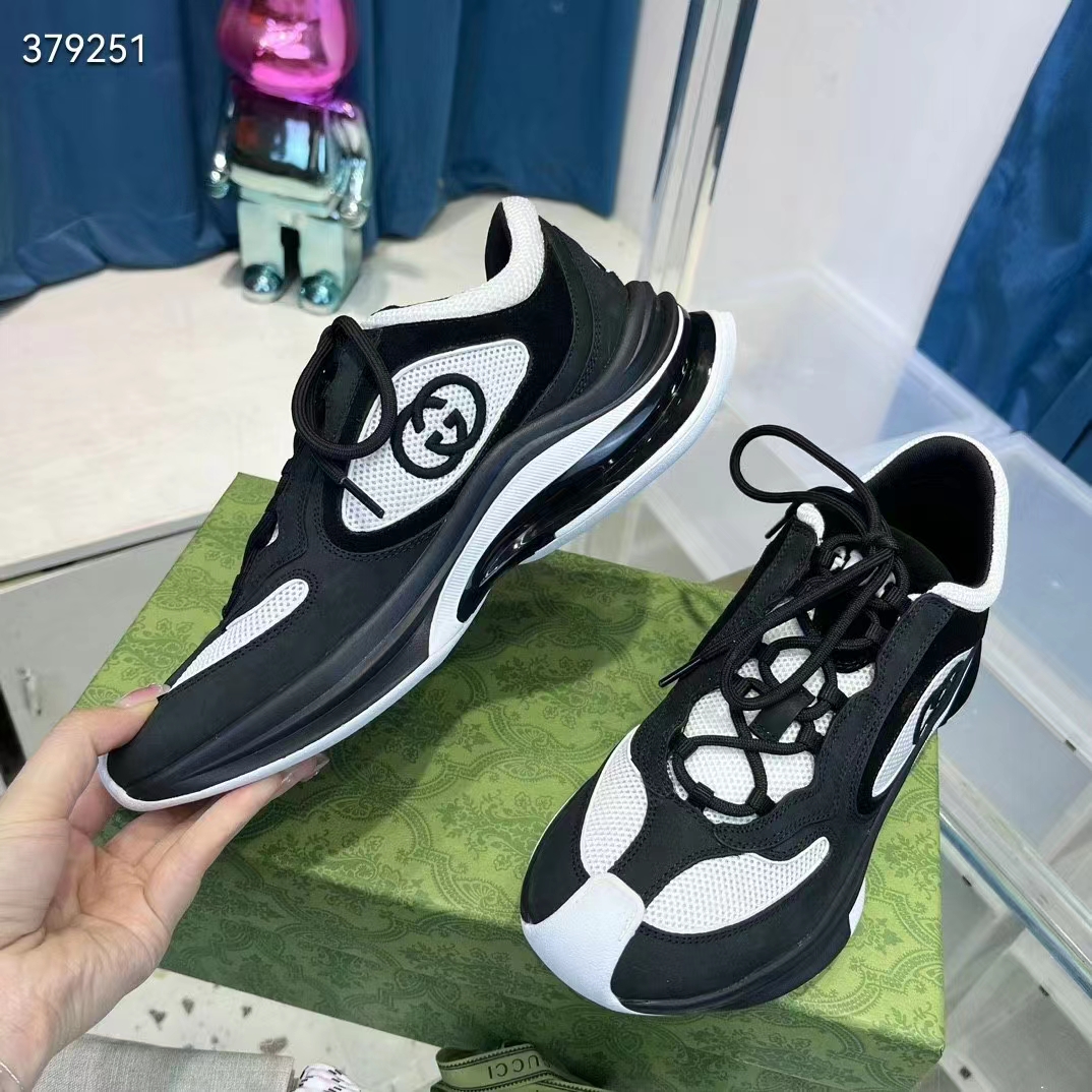 G*u*i unisex gg run sneaker black suede interlocking g bi-color rubber lace-up low-heel
