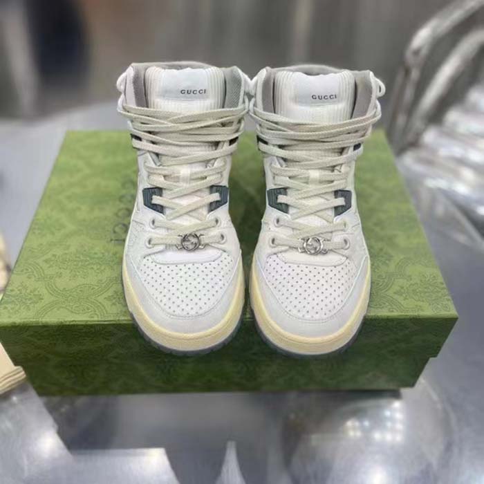 G*u*i unisex high top distressed effect. sneaker off white leather interlocking g rubber flat
