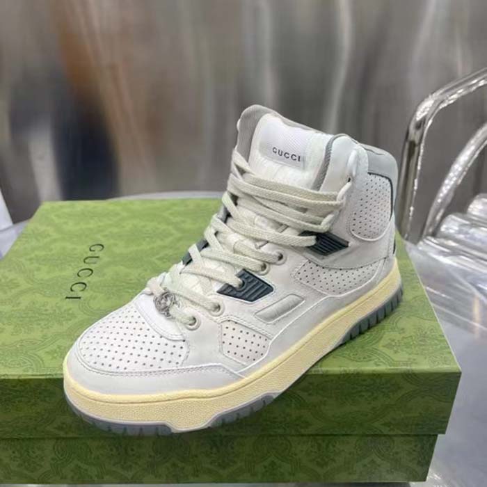 G*u*i unisex high top distressed effect. sneaker off white leather interlocking g rubber flat