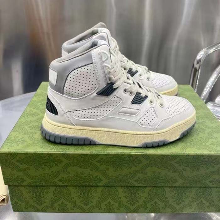 G*u*i unisex high top distressed effect. sneaker off white leather interlocking g rubber flat