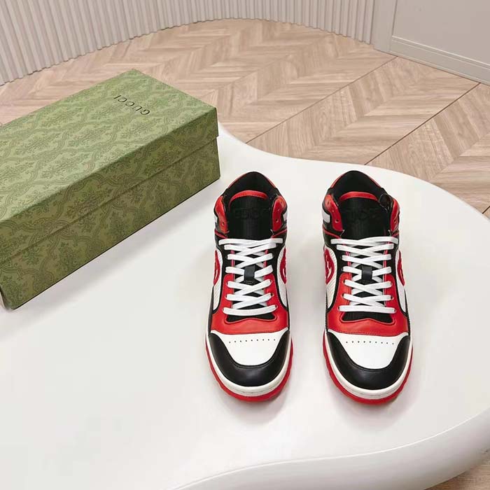 G*u*i unisex mac80 high top sneaker off black red leather round toe rubber sole flat