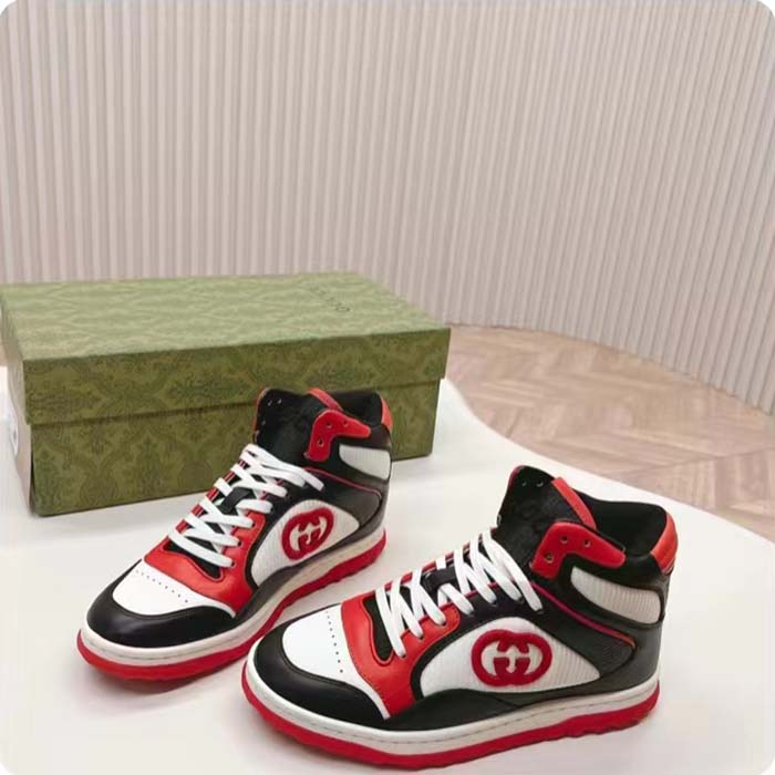 G*u*i unisex mac80 high top sneaker off black red leather round toe rubber sole flat