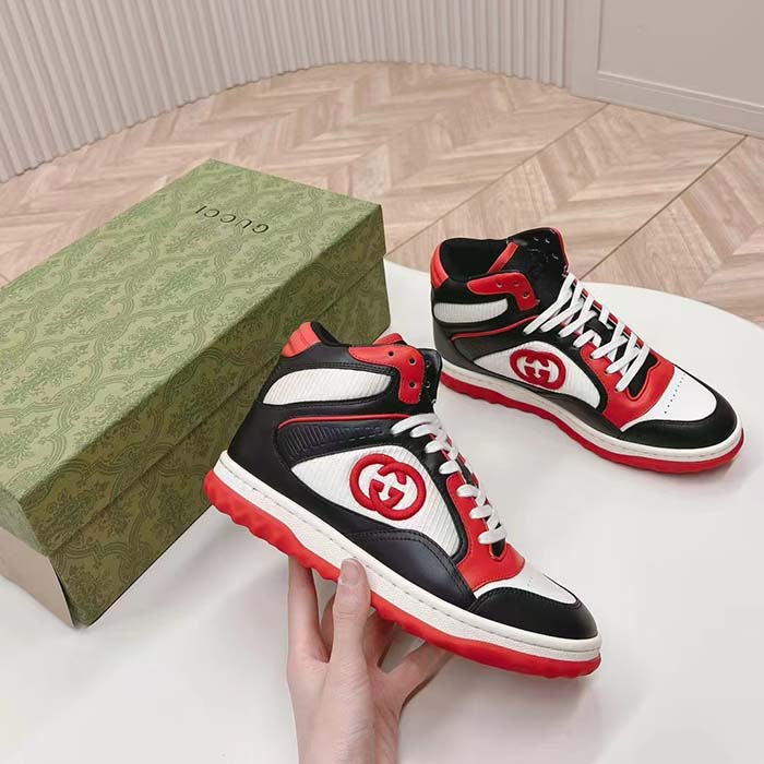 G*u*i unisex mac80 high top sneaker off black red leather round toe rubber sole flat