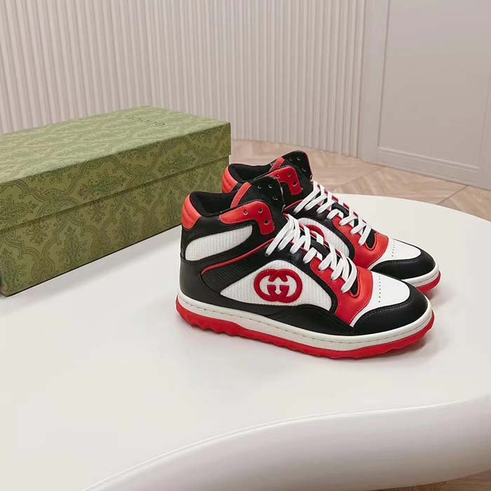 G*u*i unisex mac80 high top sneaker off black red leather round toe rubber sole flat