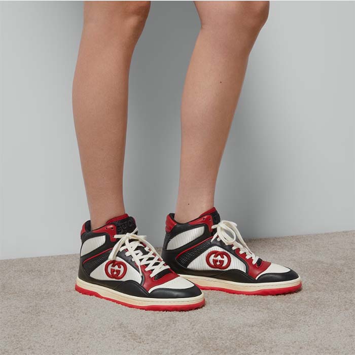 G*u*i unisex mac80 high top sneaker off black red leather round toe rubber sole flat