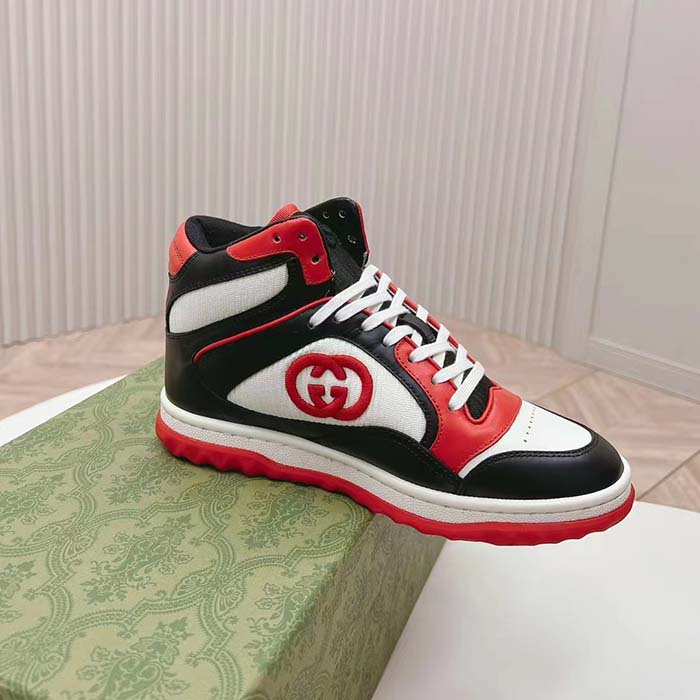 G*u*i unisex mac80 high top sneaker off black red leather round toe rubber sole flat