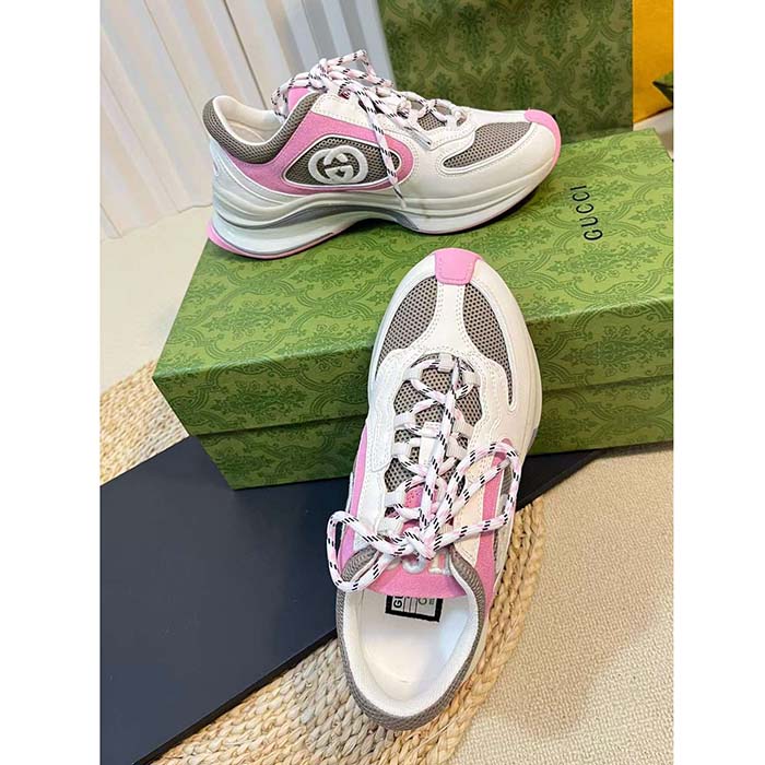 G*u*i unisex run sneaker ivory pink suede interlocking g bi-color rubbe low heel