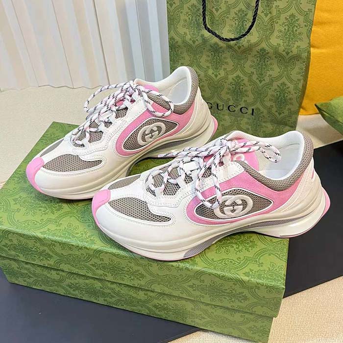 G*u*i unisex run sneaker ivory pink suede interlocking g bi-color rubbe low heel