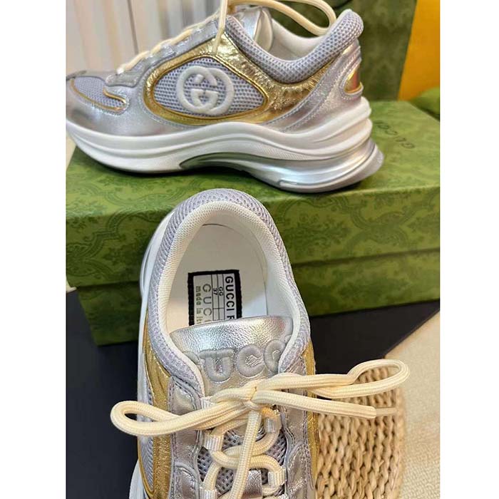 G*u*i unisex run sneaker silver metallic leather interlocking g bi-color rubbe low heel