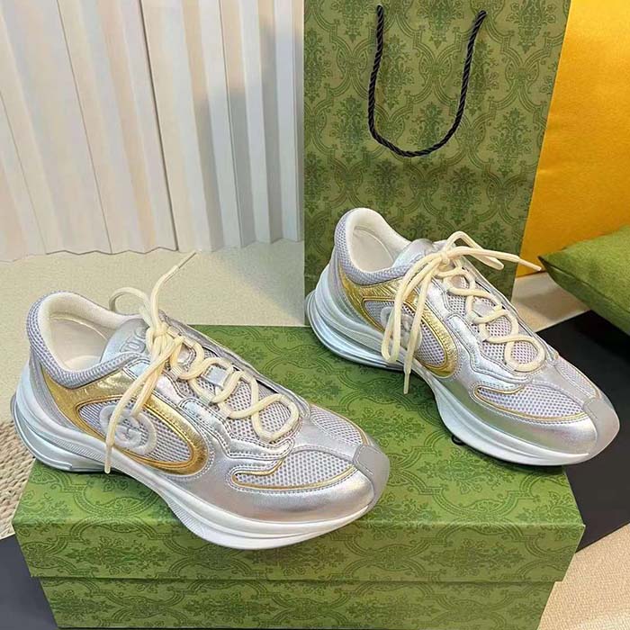 G*u*i unisex run sneaker silver metallic leather interlocking g bi-color rubbe low heel
