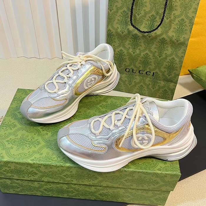 G*u*i unisex run sneaker silver metallic leather interlocking g bi-color rubbe low heel