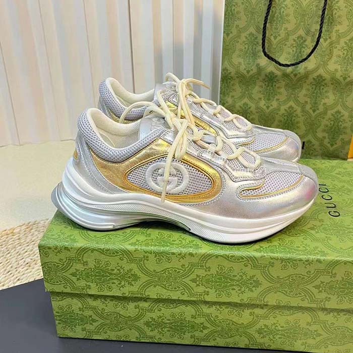 G*u*i unisex run sneaker silver metallic leather interlocking g bi-color rubbe low heel