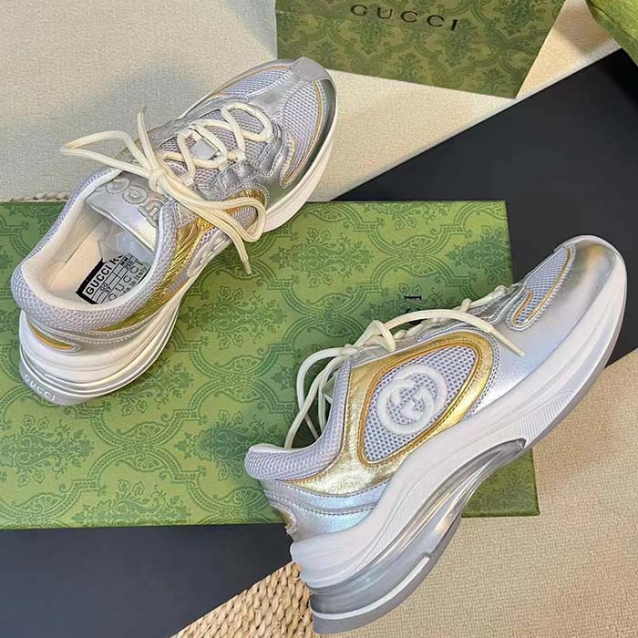 G*u*i unisex run sneaker silver metallic leather interlocking g bi-color rubbe low heel