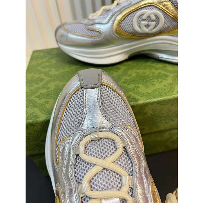G*u*i unisex run sneaker silver metallic leather interlocking g bi-color rubbe low heel