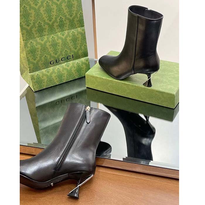 G*u*i women gg ankle boot black leather geometric heel metal inserts high-heel