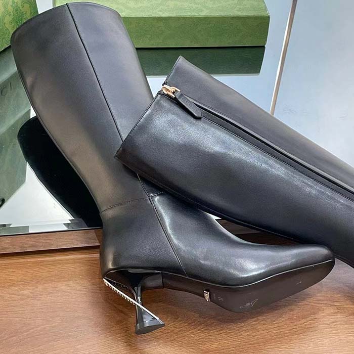 G*u*i women gg boot black leather geometric heel metal inserts mid-heel
