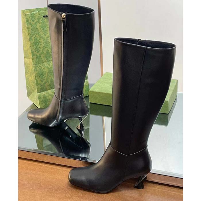 G*u*i women gg boot black leather geometric heel metal inserts mid-heel