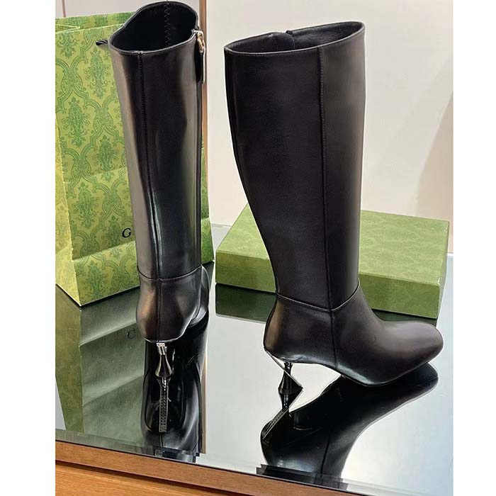 G*u*i women gg boot black leather geometric heel metal inserts mid-heel